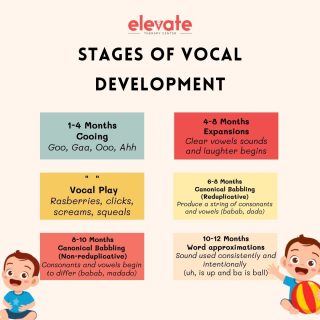An infant's first year of life consists of much more than eating, sleeping, and crying. It's amazing to think about how productive they are "behind the scenes" as they improve their vocal abilities and language skills. 👶🏻👶🏻⁠
⁠
The first sounds of a newborn, such as crying, burping, sucking, and sneezing, are soon joined by delightful cooing and warm laughter! Babies become more social as they approach the half-year mark, which leads to more vocal experimentation with their mouth, throat, and tongue.⁠
⁠
Squeals and growls give way to "real" consonant sounds—and then the babbling begins! Before you know it, your baby is making sounds that sound like real words!⁠
⁠
You might find the chart above useful; remember to save it! 😊🙌🏻⁠
⁠
⁠
🌐elevatetherapycenter.com⁠
.⁠
.⁠
.⁠
.⁠
#speechpathology #slp #speechtherapy #slpeeps #speechlanguagepathology #speechtherapist #slplife #speech #speechies #speechlanguagepathologist #slpsofinstagram #speechpathologist #instaslp #autism #speechie #schoolslp #occupationaltherapy #elavatetherapycenter #earlyintervention #speechandlanguagetherapy #therapy #slpa #dysphagia #speechdelay #autismawareness #speechpath #articulation #specialeducation #speechlanguagetherapy #languagedevelopment⁠